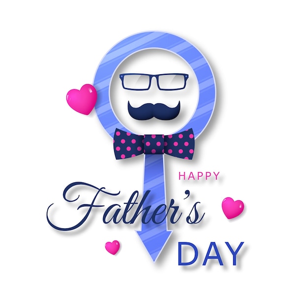 Father's Day Male symbol in the form of a striped tie with glasses mustache and hearts