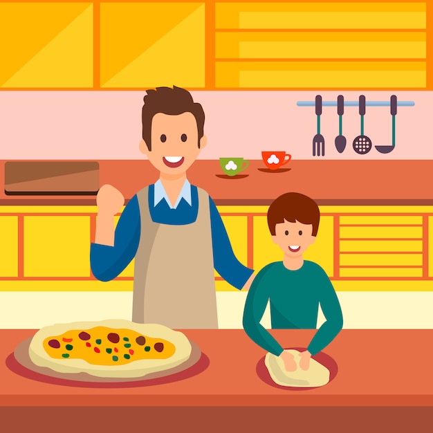 Father and Son Cooking Pizza Vector Illustration