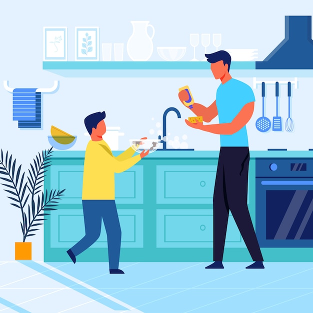 Father and Son do Dishes Flat Vector Illustration