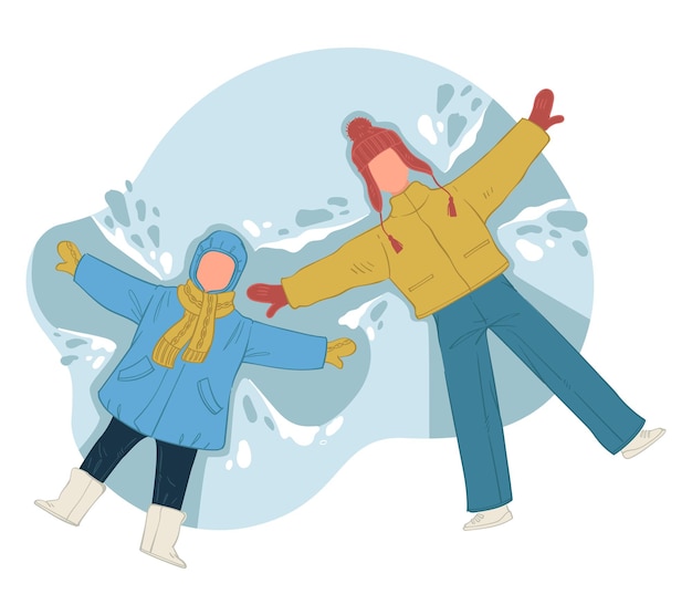 Father and son doing snow angles with wings. Dad and kid laying on snow. Wintertime fun and leisure outdoors. Family spending vacations and winter holidays outside together. Vector in flat style