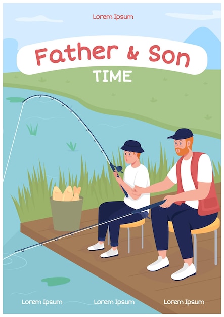 Father and son fishing poster flat vector template. Camping trip. Brochure, booklet one page concept design with cartoon characters. Family time on weekend flyer, leaflet with copy space