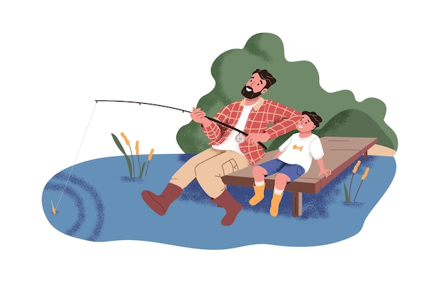 Father and son fishing together in nature Happy dad and child resting by water Bonding outdoor activity of parent and kid Flat vector illustration of pa and boy isolated on white background