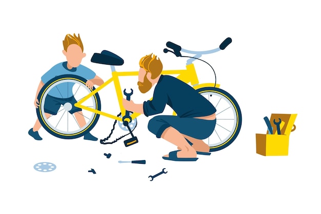 Father and son happy together vector illustration Dad and boy repairing bicycle near home cottage outdoors in summer Childhood