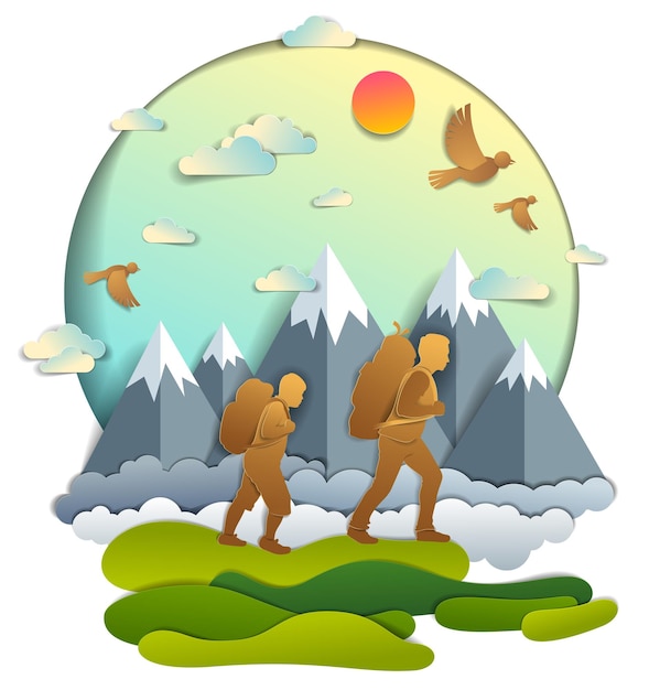 Father and son hiking to nature with mountain range, active men, fatherhood and teenager son growing masculine. Vector illustration of beautiful summer scenic landscape, birds in the sky, holidays.