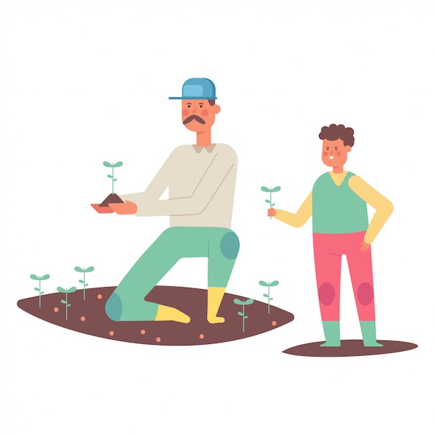 Father and son planting plants. Farmers cartoon flat characters isolated on white background.