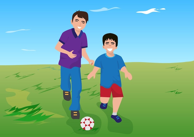 Father and son playing soccer in the daytime happy family and having fun together vector image