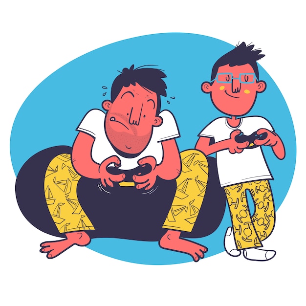 Father and son playing video games