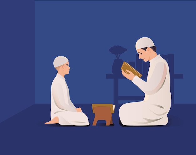 Father and son read quran together