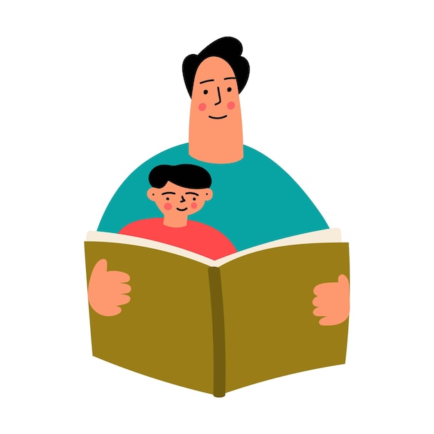 Father and son reading a book Hand drawn vector illustration on white background