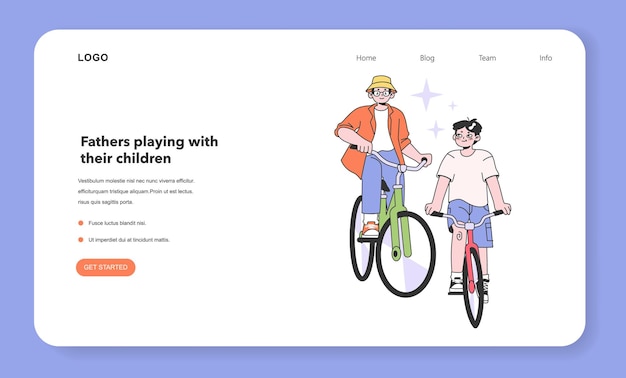 Father and son relationship web banner or landing page family riding bicycles happy father and kid