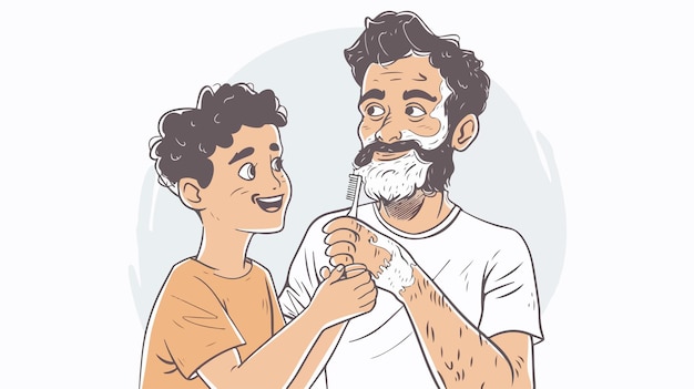 Father and Son Shaving Handdrawn Vector Illustration