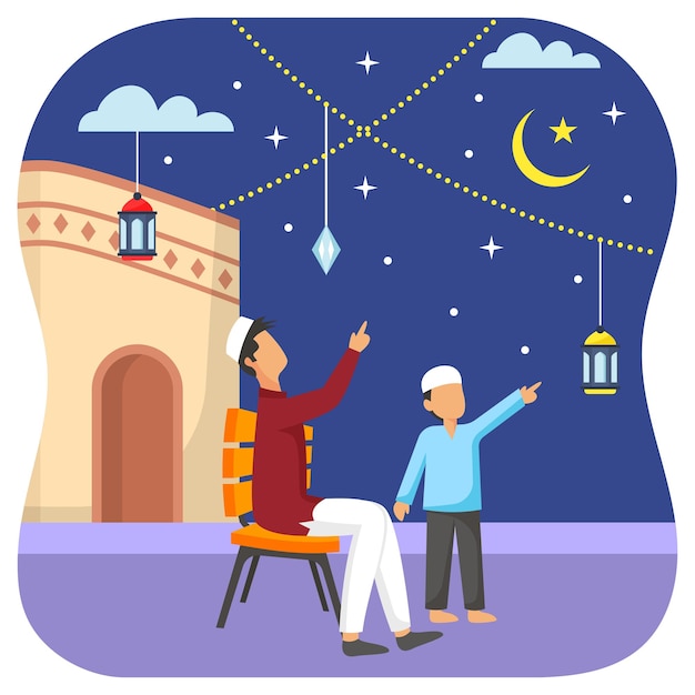 Father and Son Sighting the Crescent Moon concept vector Design Ramazan and Eid alFitr