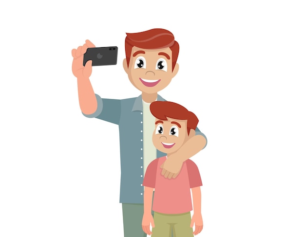 father and son taking selfie cute cartoon vector eps10