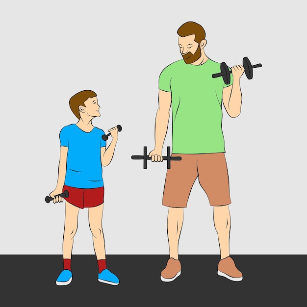 Father and son training with dumbbell illustration