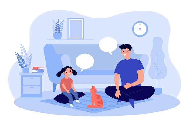 Father speaking with daughter sitting on floor in cozy living room. Parent and child playing with cat flat vector illustration. Family relationship concept for banner, website design, landing web page