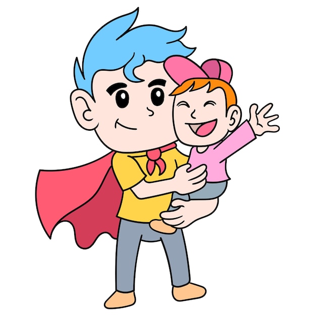 A father in a superhero costume to make his child happy, doodle draw kawaii. illustration art