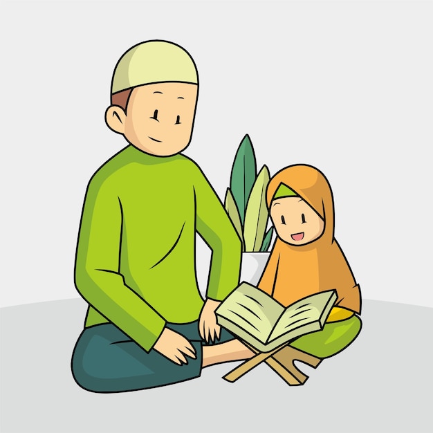 A father teaches his daughter to read the Quran