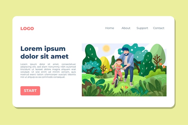 Vector father teaches son to ride bicycle landing page