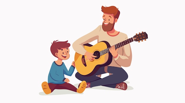 Vector father teaching son guitar playing lessons