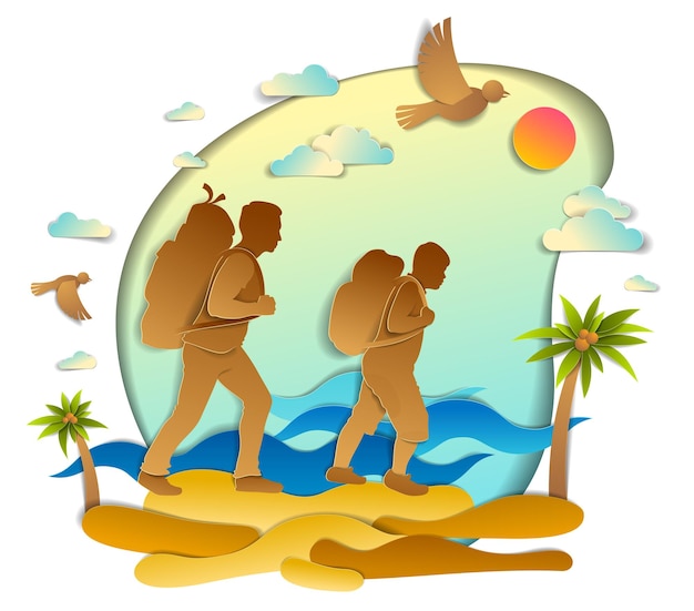 Father and teenager son hiking to wild beach with sea ocean waves and palms, fatherhood and paternity. Vector illustration of beautiful scenic seascape, birds in the sky, summer holidays.