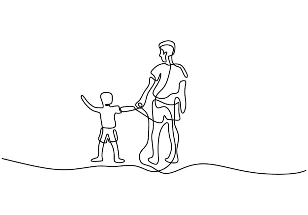 Father walking together with his son continuous one line drawing Happy Father's Day minimalism concept Fatherhood poster with man and child holding hands Vector illustration