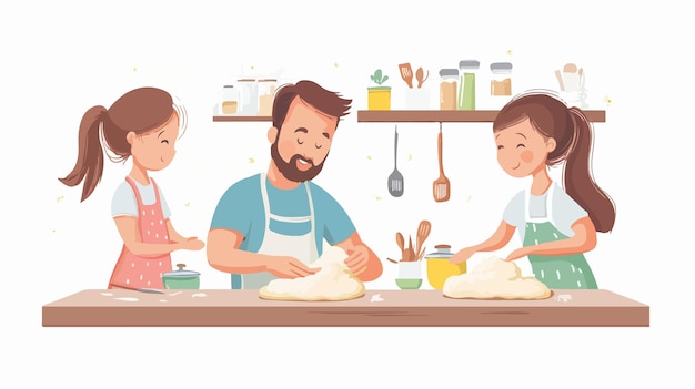 Father Watching Daughters Kneading Dough in Kitchen