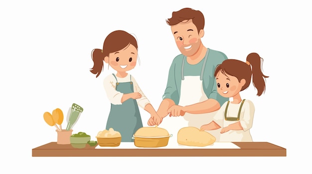 Vector father watching daughters kneading dough in kitchen