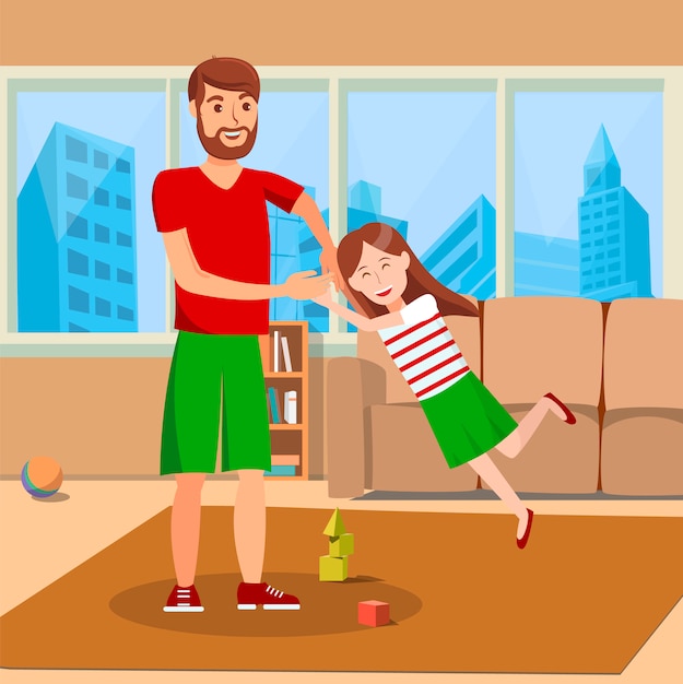 Vector father whirling daughter flat vector illustration