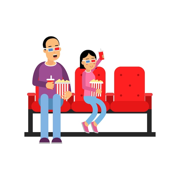 Father with his daughter sitting in the cinema with popcorn and watching 3d movie vector Illustration on a white background