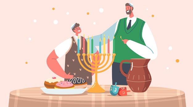 Father with Son Celebrating Hanukkah Israel Holiday, Jewish Festival of Lights. Dad Lighting Candles on Traditional Menorah. Boy in Kippah and Sufganiyah Doughnut. Cartoon People Vector Illustration