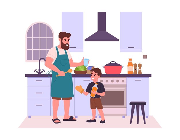 Vector father with son cooking at home homemade meal preparation family preparing food on house table flat vector illustration cooking with kid scene