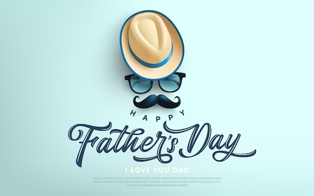 Fathers Day card hat, mustache and sunglasses. Greetings and presents for Fathers Day