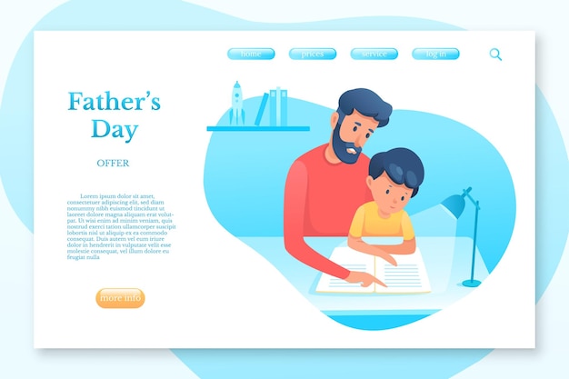 Fathers Day landing page template parenting fatherhood web banner Father educating kid parent teaching toddler reading