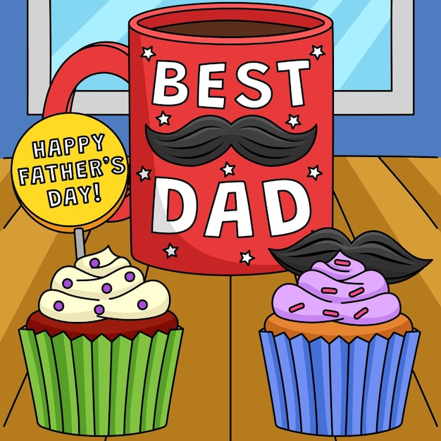 Vector fathers day mug and cupcakes colored cartoon