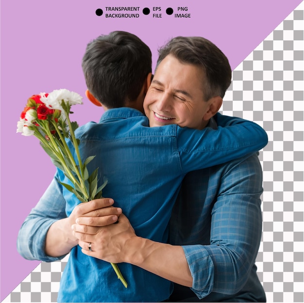 Fathers Day Sons embrace flowers Transparent background