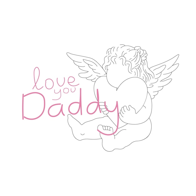 Vector fathers day vector greeting cards linear flat angel with heart in hands and inscription