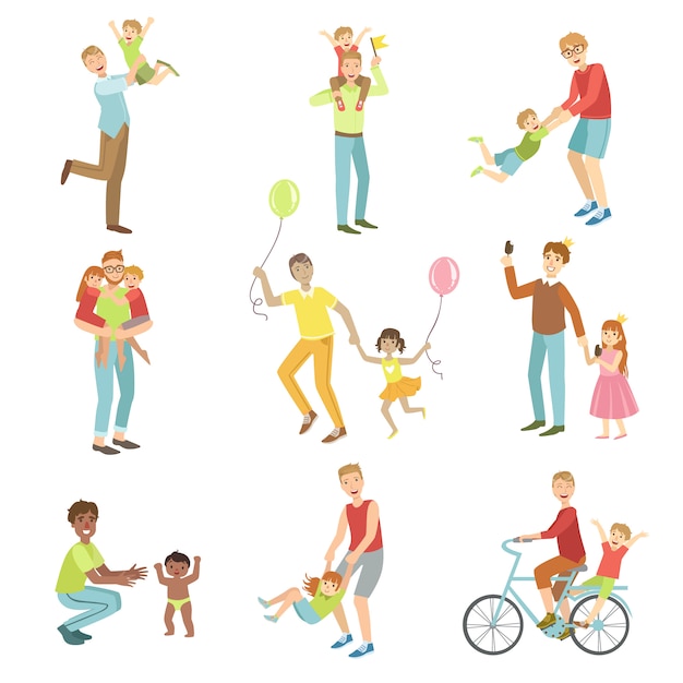 Fathers Playing With Kids Set Of Illustrations