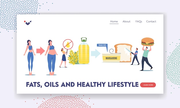 Fats, Oils and Healthy Lifestyle Landing Page Template. Tiny Characters Eating Trans Margarine, Fastfood, Rapeseed Oil, Toast with Spread, Unhealthy Eating, Obesity. Cartoon People Vector Illustration