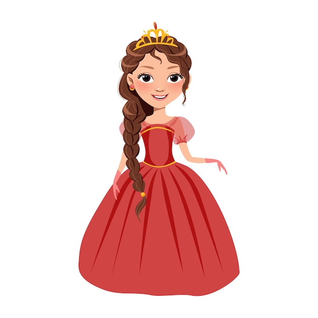 Fayritale character little princess in red dress with golden tiara Cute cartoon illustration