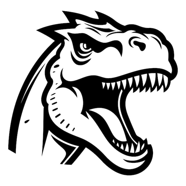 Fearsome black and white illustration of a roaring dinosaur head perfect for branding logos or tshirt designs