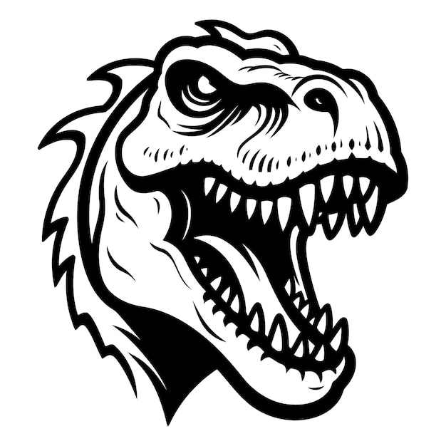 A fearsome black and white illustration of a roaring dinosaur head perfect for logo design tshirt prints and other creative projects