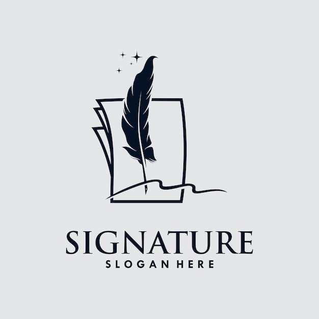 Feather pen on paper signature handwritten logo design vector