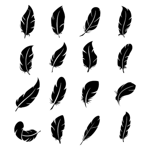 Feather Set icon, logo isolated on white background. Bird Feather black silhouettes collection.