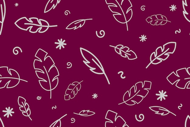 Feathers seamless pattern white on dark red background doodle vector