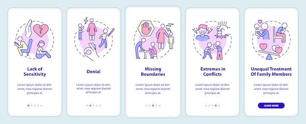 Features of dysfunctional families onboarding mobile app screen