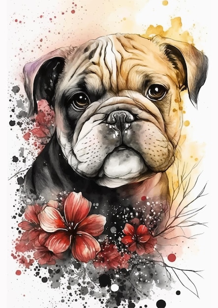 Featuring a cute pug surrounded by beautiful flowers, this watercolor vector is perfect for adding s