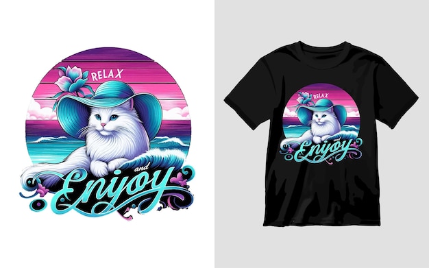 Featuring a white cat wearing a sun hats purple and blues creating serene beach vibes TShirt design