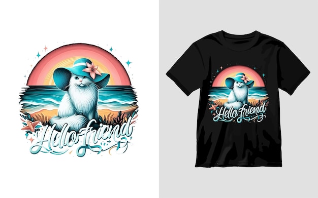 Featuring a white cat wearing a sun hats purple and blues write hello friend beach vibes Tshirt