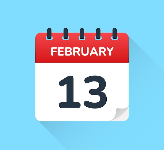 February 13 vector flat design of daily calendar icon.