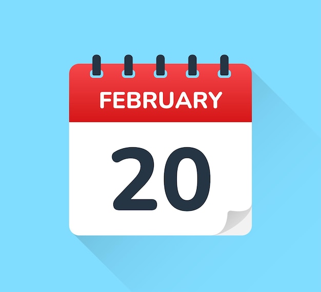 February 20 date on calendar vector icon.